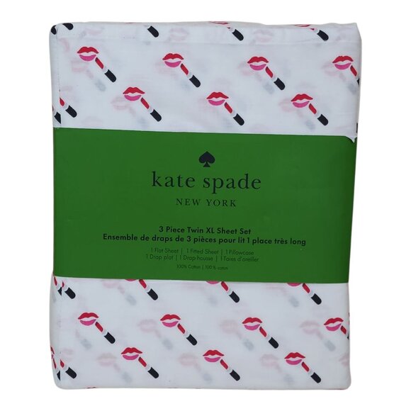 Kate Spade New York Twin XL 3-Piece Sheet Set Lipstick Kiss Print Black Red Pint - Picture 9 of 9